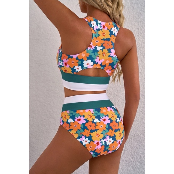 Green Floral Print Racerback Cutout High Waist Bikini - Picture 3 of 3